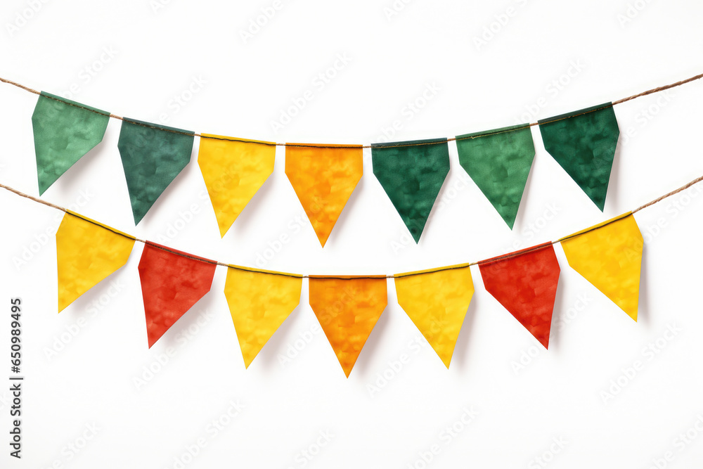 Poster vibrant row of flags hanging from string. this image can be used to add festive touch to any celebra