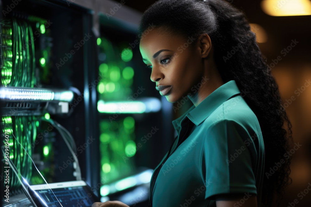 Poster woman is seen using laptop computer in server room. this image can be used to depict technology, con