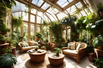 Fototapeta premium A sun-drenched conservatory filled with exotic plants, wicker furniture, and cascading vines.