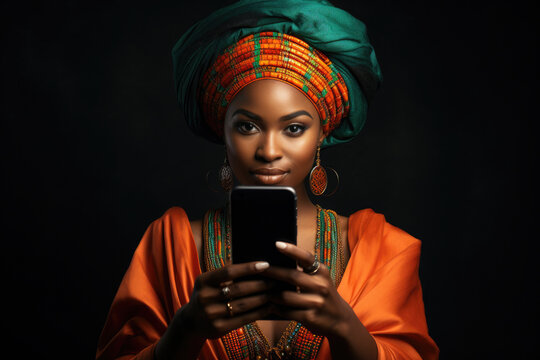 Woman wearing turban is seen looking at her cell phone. This image can be used to depict modern technology usage in different cultures.