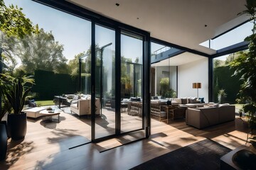 Fototapeta premium Explore the use of floor-to-ceiling sliding glass doors that open to the patio.