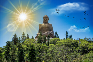 The Tian Tan Buddha in Hong Kong, surrounded by many flying birds, with a golden sun overhead