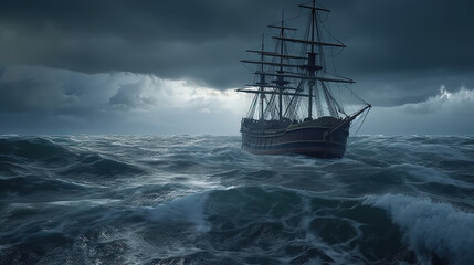 Fototapeta premium Ship in the stormy sea with huge waves. Giant stormy waves in the ocean and boat.