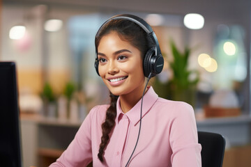 Woman sitting in front of computer, wearing headphones. This picture can be used to illustrate variety of topics related to technology, remote work, communication, and multimedia.