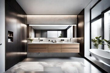 A sleek and minimalist bathroom with hidden storage, a floating vanity, and a rain shower.