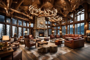 A high-end ski resort lobby with a roaring fireplace, antler chandeliers, and cozy seating.