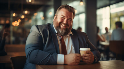 The businessman plus size holding coffee cup enjoy time in the office - obrazy, fototapety, plakaty