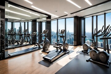 A high-end gym with state-of-the-art equipment, mirrored walls, and motivating views.