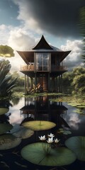 fantasy photo taken with 1835mm lens a modern natural parametric rectangular house made of wood and glass on stilts in the forest with a pond underneath with a view looking out at lush tropical 
