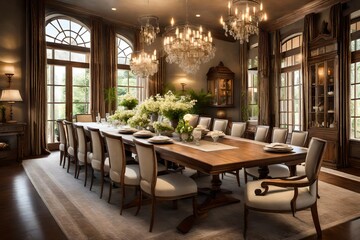 An elegant dining room with a long wooden table set for a formal dinner party.