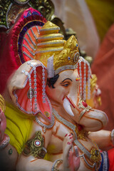 A beautiful idol of Lord Ganpati on display at a workshop India for the festival of Ganesh Chaturthi