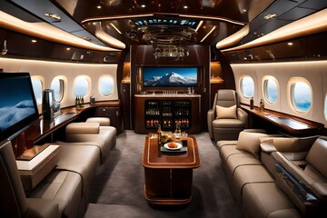 A private jet cabin with leather seats, a bar, and cutting-edge entertainment systems.