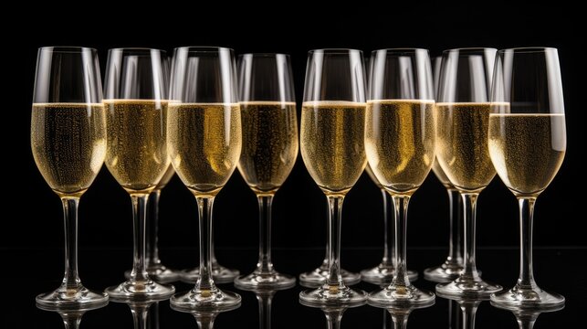 Image of Stacked group of wine glasses on black background