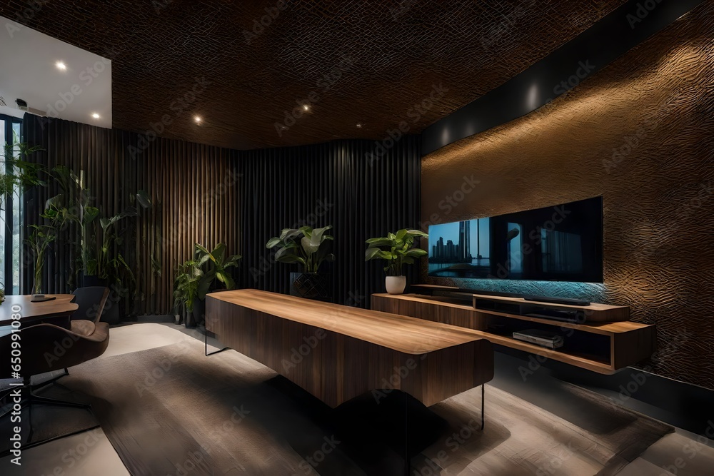 Poster illustrate the use of accent walls and textured surfaces to create visual interest.
