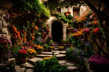 Fototapeta na wymiar A secret garden hidden behind an ancient stone wall, bursting with colorful and exotic flowers.
