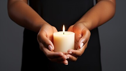 Image of woman hand holding burning candle in the darkness