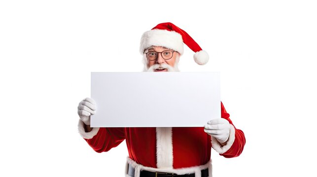 Image of man wearing santa claus holding blank paper. in happy isolated over white background