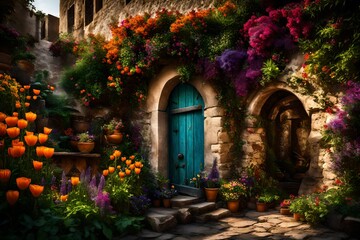 A secret garden hidden behind an ancient stone wall, bursting with colorful and exotic flowers.