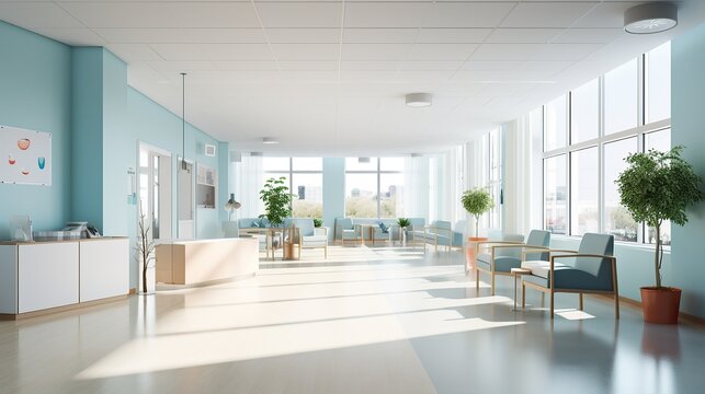 Modern medical clinic office hallway, hospical reception area