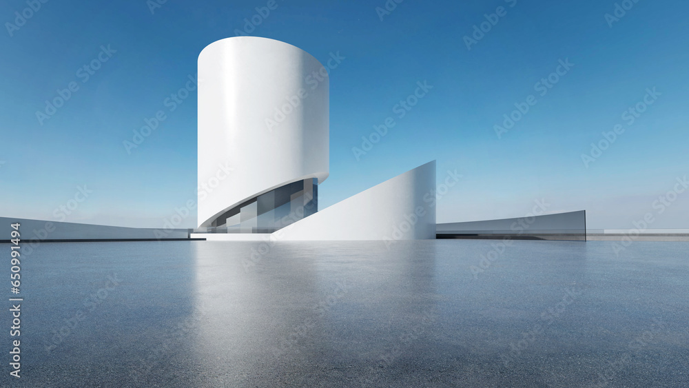 Poster 3d render of abstract futuristic modern architecture with empty concrete floor.