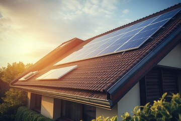 Innovative solar panels on the roof of a house, illuminated by the rays of the morning sun - obrazy, fototapety, plakaty