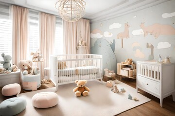 Fototapeta na wymiar A designer nursery with a whimsical theme, soft pastel colors, and plush animal toys.
