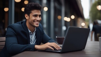 Happy young Latin business man using laptop computer sitting outdoor. Smiling Hispanic guy student
