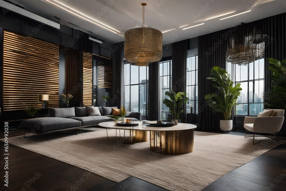 Poster illustrate the use of accent walls and textured surfaces to create visual interest.