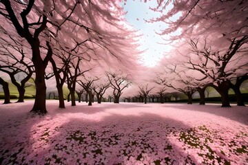 Delicate cherry blossoms falling like pink snowflakes, creating a carpet of petals on the ground.