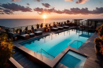 A penthouse rooftop garden with a swimming pool, cabanas, and a view of the ocean at sunset.