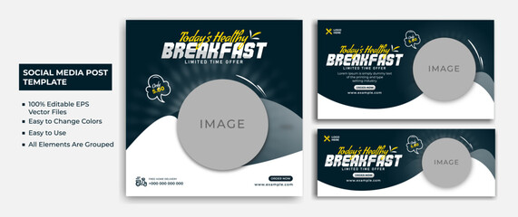 Fast food restaurant business marketing social media post or web banner template design with abstract background, logo and icon. Healthy breakfast, burger, and pizza online sale poster.
