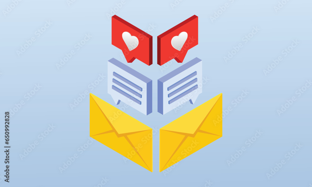 Poster 3d elements with digital email icons of envelopes and message boxes.on blue background.3d design.iso