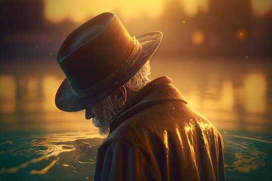 photo old man wearing hat coat submerged underwater drowning peacefully beautiful golden light sunset intricate details ray tracing octane render 4K 