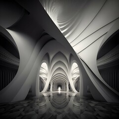 underground large room with very tall white concave walls organic architecture intricate patterns like organic tissue deep infinity floor dark atmosphere mysterious lighting 