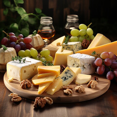 Wooden board with various types of cheese