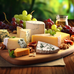 Wooden board with various types of cheese