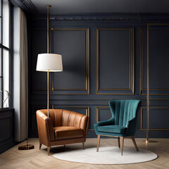 interior details, upholstered furniture against the background of a dark classic wall. Ai Generated.