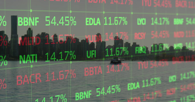 Image of stock market data processing against aerial view of cityscape and sea