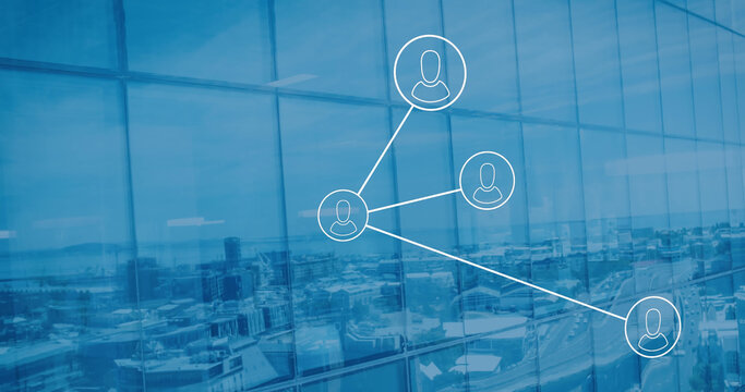 Image of network of profile icons against view of cityscape from office building - Powered by Adobe