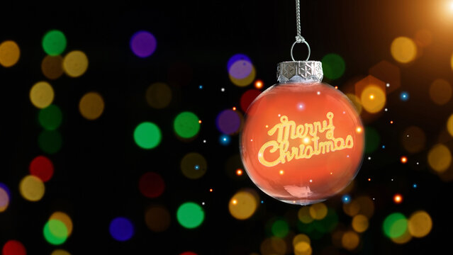 Christmas and New Year background. Christmas balls with merry text Beautiful christmas. With bokeh lights. Merry Christmas, Happy New Year card, copy space for design.