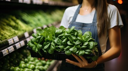 Obraz premium Woman in a supermarket buys natural fresh geen herbs. Wholesome and healthy organic vegan food