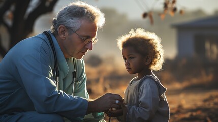 Doctor in medical clothing and gloves treats a sick African child. Medical support in Africa