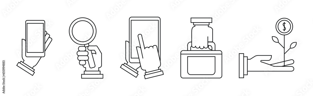 Poster line business icon with hand hold object vector set