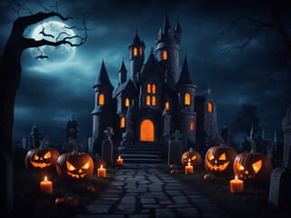 Fototapeta na wymiar Halloween pumpkin dark night landscape by ai generated