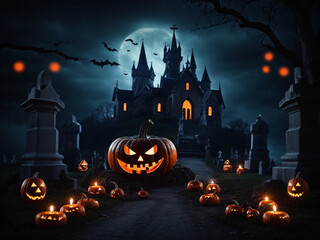 Halloween pumpkin dark night landscape by ai generated