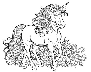 An Unicorn Coloring Page In The Middle Of A Colorful Field Background