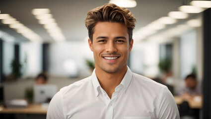 Smiling handsome young businessman in white shirt looking at camera in office, headshot close up corporate portrait