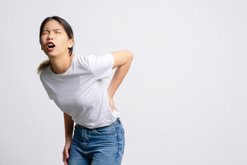 Asian woman has back pain, Symptoms of office syndrome..white
