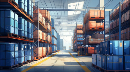 Fototapeta premium warehouse interior with shelves, pallets and boxes