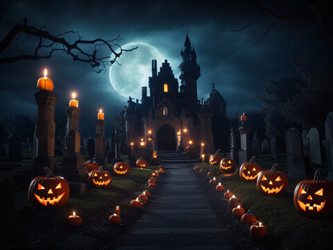 Halloween pumpkin dark night landscape by ai generated